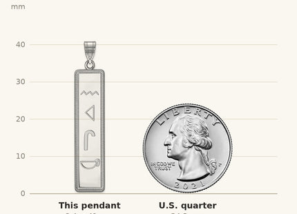 True size: 10k White Gold Egyptian Hieroglyphics Pendant shown next to a US quarter (24.3 mm)