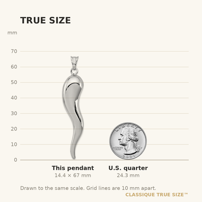 Sterling Silver Rhodium-plated Italian Horn Pendant, 67 x 14mm