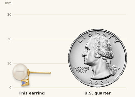 True size: 14k 7- White Round Freshwater Cultured Pearl and .14TZ Tanzanite Post Earrings shown next to a US quarter (24.3 mm)