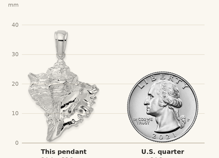 Classique True Size: De-Ani Sterling Silver Rhodium-Plated Polished Conch Shell Pendant shown next to a US quarter (24.3 mm)