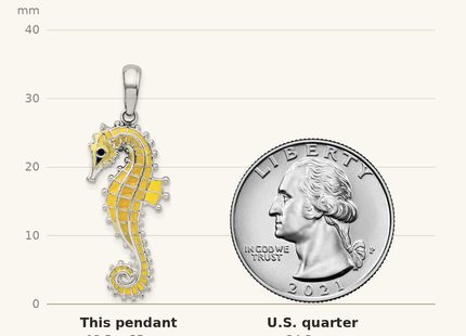 Classique True Size: De-Ani Sterling Silver Rhodium-Plated 3D Enameled Yellow Seahorse Pendant shown next to a US quarter (24.3 mm)