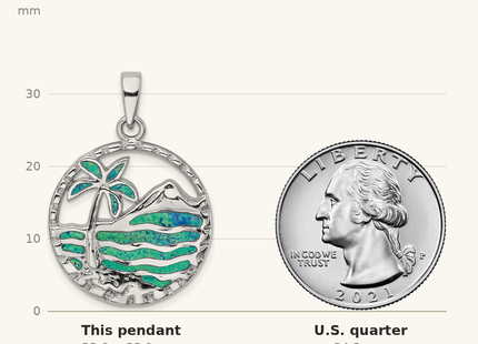 Classique True Size: Sterling Silver Rhod-plated Created Opal Palm Tree Ocean Pendant shown next to a US quarter (24.3 mm)