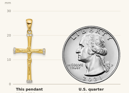 Classique True Size: Sterling Silver Gold-tone CZ Latin Crucifix Cross Pendant shown next to a US quarter (24.3 mm)