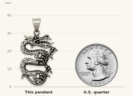 Classique True Size: Sterling Silver Antiqued Dragon with Tongue Out Pendant shown next to a US quarter (24.3 mm)
