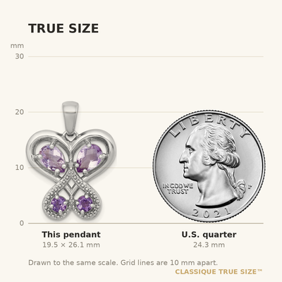 Sterling Silver Rhodium-plated Polished Amethyst and Rose de France Quartz Heart Butterfly Pendant
