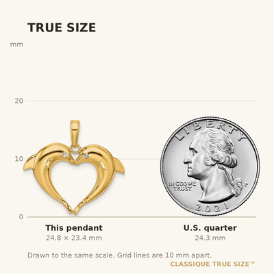 14K w/Rhodium Double Dolphin Heart Pendant