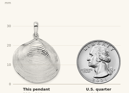 Classique True Size: De-Ani Sterling Silver Rhodium-Plated Polished 3D Large Clam Shell Pendant shown next to a US quarter (24.3 mm)