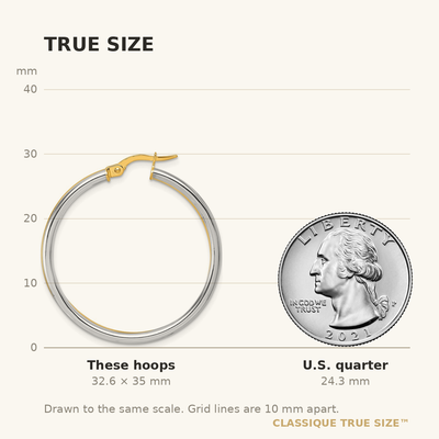 14K with White Rhodium Polished x Round Hoop Earrings, 35 x 4mm