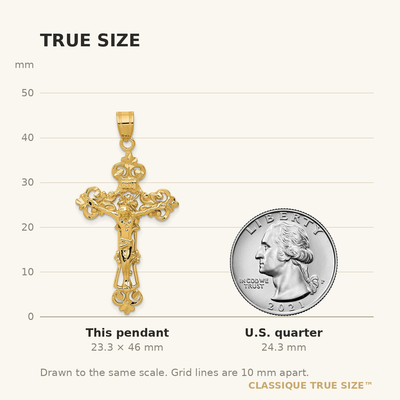 14K Inri Fleur De Lis Crucifix Pendant, 46 x 24mm