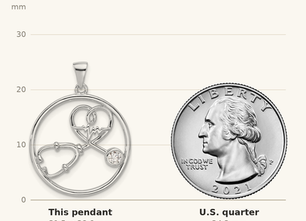 Classique True Size: Sterling Silver Rhod-plated with CZ Stethoscope and Heartbeat Pendant shown next to a US quarter (24.3 mm)