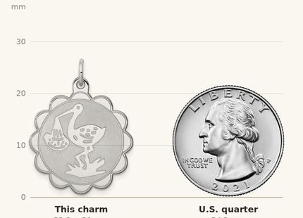 Classique True Size: Sterling Silver Rhodium-plated Stork Disc Charm shown next to a US quarter (24.3 mm)