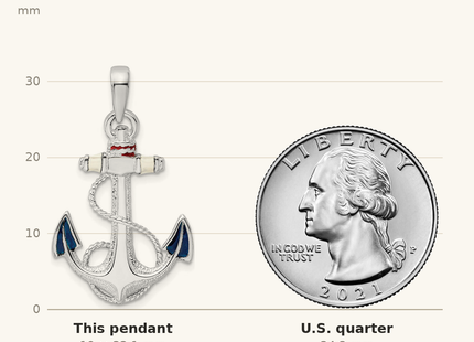 Classique True Size: De-Ani Sterling Silver Rhodium-Plated Enameled Anchor with Rope Pendant shown next to a US quarter (24.3 mm)