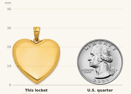 True size: 1/20 Gold Filled Polished and Satin Heart Locket shown next to a US quarter (24.3 mm)
