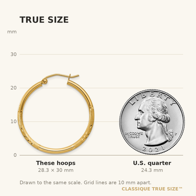 14K Satin and Diamond-cut Round Tube Hoop Earrings, 30 x 2mm