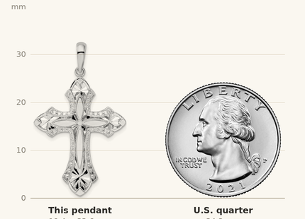 Classique True Size: De-Ani Sterling Silver Rhodium-Plated Fleur de Lis with Poem on Reverse Cross Pendant shown next to a US quarter (24.3 mm)