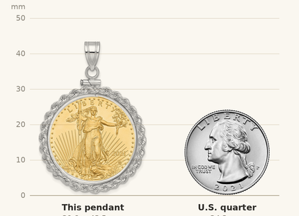 Classique True Size: Wideband Distinguished Coin Jewelry 14k White Gold Polished Rope Mounted 1/2oz American Eagle Screw Top Coin Bezel Pendant shown next to a US quarter (24.3 mm)
