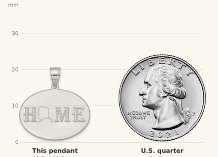 True size: 10k White Gold HOME/STATE Pendant shown next to a US quarter (24.3 mm)