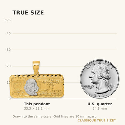14K Polished with Rhodium Diamond-cut 100 Dollar Bill Pendant