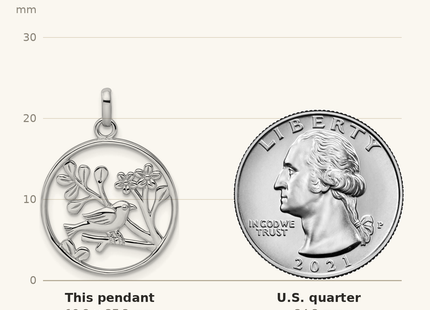 Classique True Size: Sterling Silver Rhodium-plated Polished Bird and Flowers Pendant shown next to a US quarter (24.3 mm)