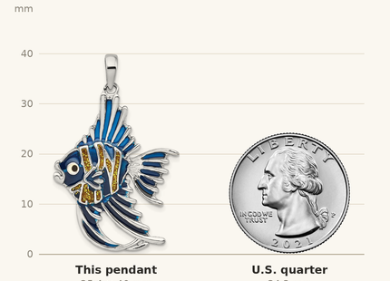 Classique True Size: De-Ani Sterling Silver Rhodium-Plated Polished Enameled Angelfish Pendant shown next to a US quarter (24.3 mm)