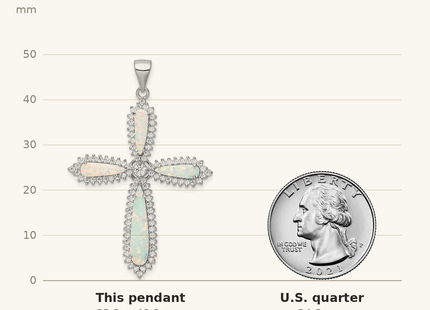 Classique True Size: Sterling Silver RH-plated White Created Opal & CZ Border Cross Pendant shown next to a US quarter (24.3 mm)