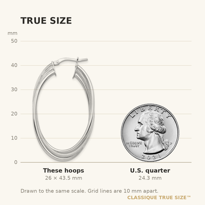 14K White Gold Polished and Textured Twisted Fancy Oval Hoop Earrings