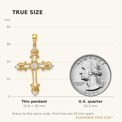 Sterling Silver Gold-plated CZ Cross Pendant, 36 x 22.7mm