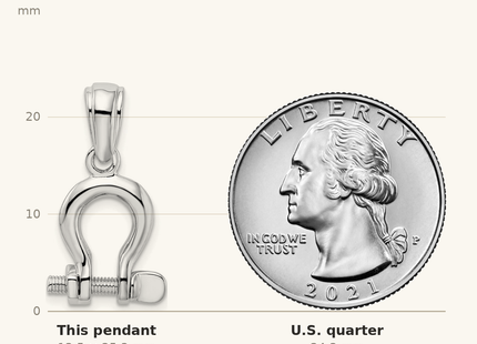 Classique True Size: De-Ani Sterling Silver Rhodium-Plated Polished 3D Medium Shackle Link Pendant shown next to a US quarter (24.3 mm)