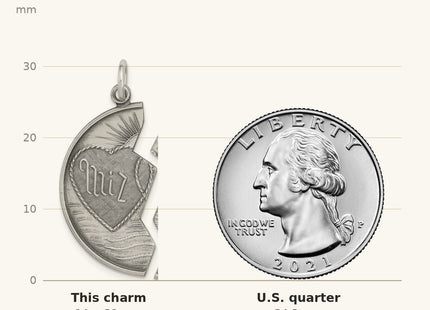 True size: Sterling Silver Antiqued Mizpah Charm shown next to a US quarter (24.3 mm)