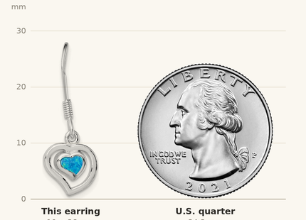 Classique True Size: Sterling Silver Rhod-pltd Created Blue Opal Inlay Heart Dangle Earrings shown next to a US quarter (24.3 mm)