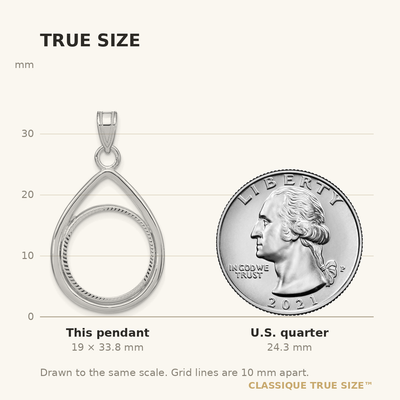 Wideband Distinguished Coin Jewelry 14K White Gold Polished and Diamond-cut Teardrop Prong Coin Bezel Pendant, 33.75 x 19.6mm