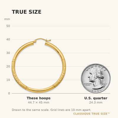 14K Satin and Diamond-cut Round Hoop Earrings, 45 x 3mm