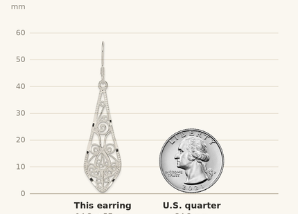 Classique True Size: Sterling Silver Polished D/C Filigree Elongated Teardrop Dangle Earrings shown next to a US quarter (24.3 mm)