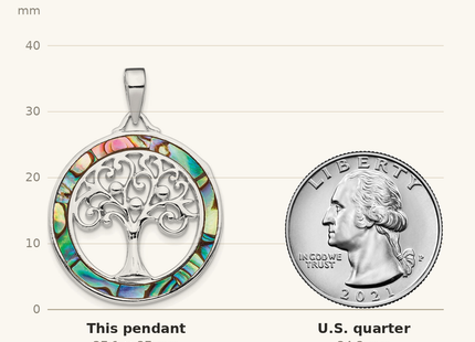 Classique True Size: Sterling Silver Rhodium-plated Abalone Circle w/Tree of Life Pendant shown next to a US quarter (24.3 mm)