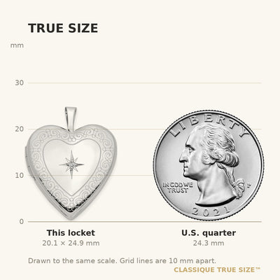 14K White Gold Diamond Star with Side Swirl Edge Heart Locket