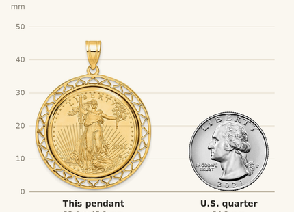 Classique True Size: Wideband Distinguished Coin Jewelry 14k Polished Fancy Wire Mounted 1/2oz American Eagle Prong Coin Bezel Pendant shown next to a US quarter (24.3 mm)