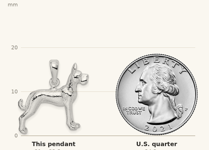 Classique True Size: De-Ani Sterling Silver Rhodium-Plated Textured 3D Great Dane Pendant shown next to a US quarter (24.3 mm)