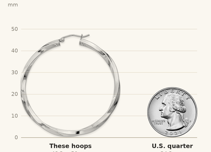 Classique True Size: Sterling Silver Rhodium-plated 3x50mmTwisted Hoop Earrings shown next to a US quarter (24.3 mm)