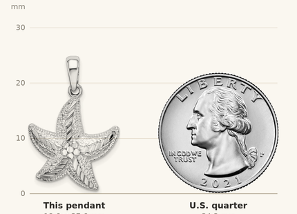 Classique True Size: De-Ani Sterling Silver Rhodium-Plated Diamond-Cut Small Starfish Pendant shown next to a US quarter (24.3 mm)