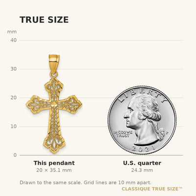 14K Polished Diamond-cut Fleur de Lis Filigree Textured Fancy Cross Pendant