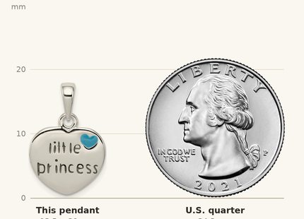 Classique True Size: Sterling Silver Enameled Little Princess Heart Pendant shown next to a US quarter (24.3 mm)