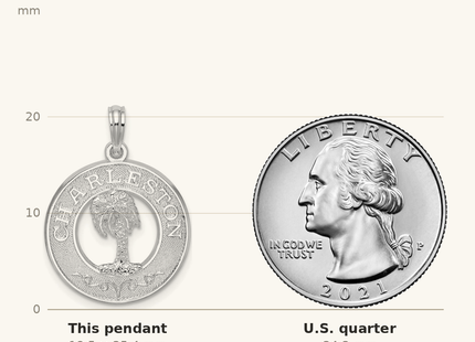 Classique True Size: De-Ani Sterling Silver Rhodium-Plated Charleston Circle with Palm Tree Pendant shown next to a US quarter (24.3 mm)