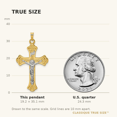 14K Two-tone Polished Solid INRI Fleur de Lis Crucifix Pendant
