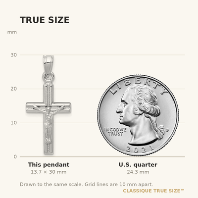 14K White Gold Hollow Crucifix Pendant, 30 x 14mm