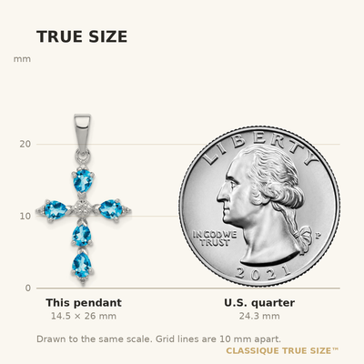 Sterling Silver Rhodium Pear Swiss Blue Topaz Cross Pendant