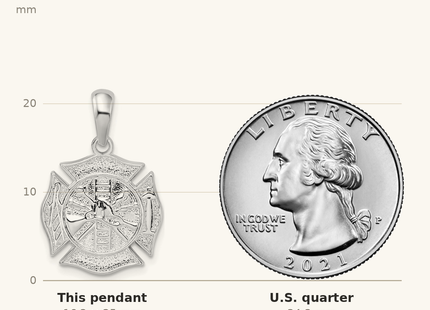 Classique True Size: De-Ani Sterling Silver Rhodium-Plated Polished Reversible Fireman Medal Pendant shown next to a US quarter (24.3 mm)