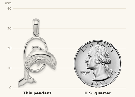 Classique True Size: De-Ani Sterling Silver Rhodium-Plated Dolphin Jumping Thru Hoop Pendant shown next to a US quarter (24.3 mm)