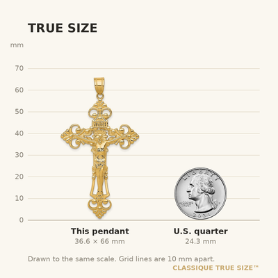 14K Inri Fleur De Lis Crucifix Pendant, 66 x 36mm