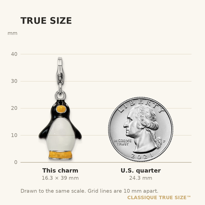 Amore La Vita Sterling Silver Rhodium-plated Polished 3-D Enameled Penguin Charm with Fancy Lobster Clasp, 39 x 12mm