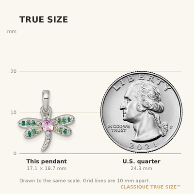 Sterling Silver Rhodium-plated Polished Green, Yellow and Pink CZ Dragonfly Pendant